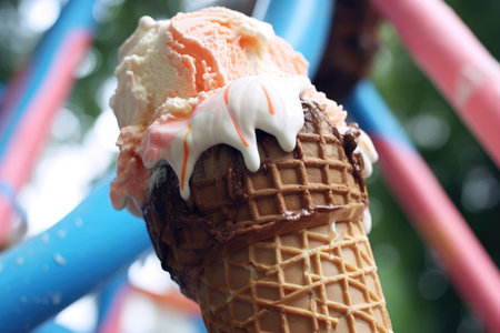 close-up of a melting ice-cream cone on a jungle gym, created with generative aiの素材