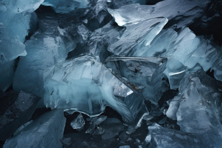 close-up of fractured ice pieces falling off a glacier, created with generative aiの素材