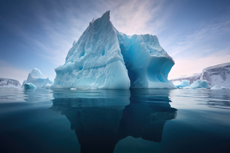 iceberg calving with surrounding smaller ice fragments in focus, created with generative aiの素材