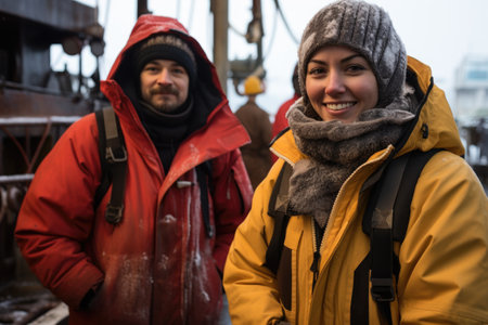 icebreaker crew members on deck, dressed in winter gear, created with generative aiの素材