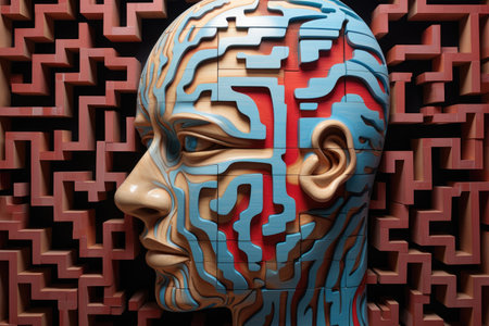 a persons head with mazes or puzzles instead of brain, created with generative aiの素材