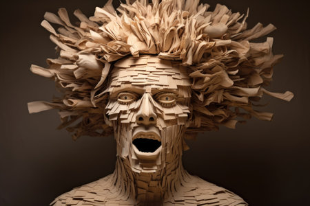 a head made of paper with words like voices, fear written across, created with generative aiの素材