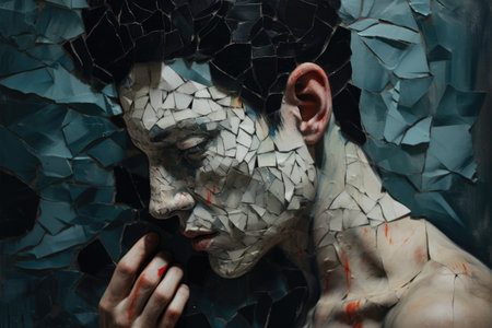 a person trying to piece together a shattered self-portrait, created with generative aiの素材