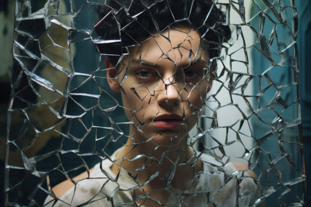 a person trying to piece together a shattered self-portrait, created with generative aiの素材