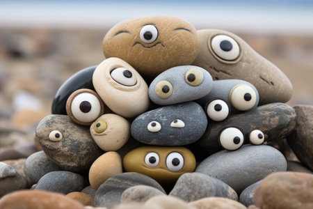 a pile of interesting rocks with googly eyes on a sandy beach, created with generative aiの素材