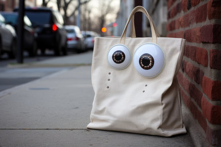 a shopping bag with googly eyes on the handles, created with generative aiの素材