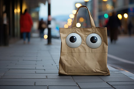 a shopping bag with googly eyes on the handles, created with generative aiの素材