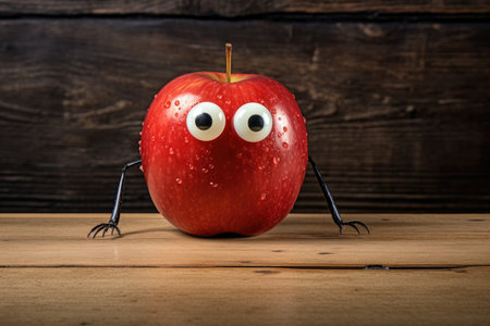 a red apple with googly eyes on a rustic wooden table, created with generative aiの素材