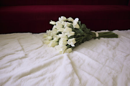 a wedding dress lying on a soft carpet with a bunch of white lilies, created with generative aiの素材