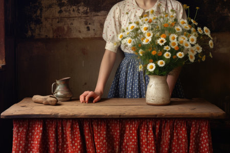 a vintage polka dot dress on a rustic table, intertwined with a bunch of wildflowers, created with generative aiの素材