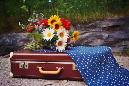 a 1950s-style polka-dot dress lying on a vintage suitcase, next to wildflowers, created with generative aiの素材