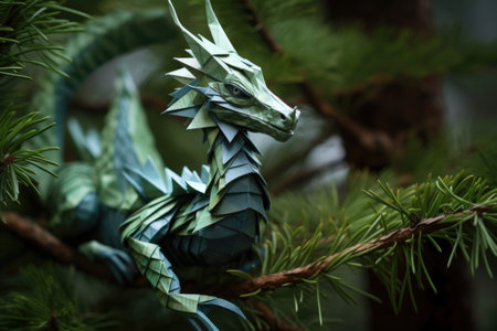 an origami dragon curled around the branches of a pine tree, created with generative aiの素材