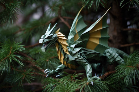 an origami dragon curled around the branches of a pine tree, created with generative aiの素材