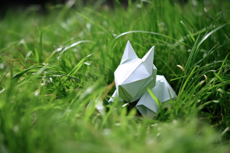 a snow-white origami bunny on a patch of green grass, created with generative aiの素材