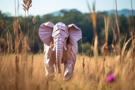 an origami elephant standing tall in a field of tall grasses, created with generative aiの素材