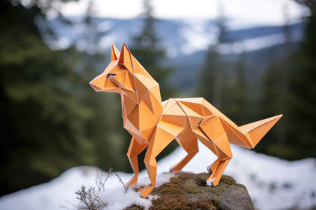 an origami fox placed on a snowy hillside with pine trees in the background, created with generative aiの素材