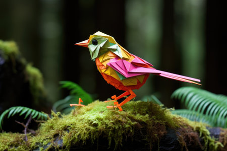 a brightly colored origami bird perched on a mossy log, created with generative aiの素材