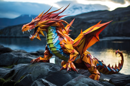 a bright origami dragon placed on a rocky mountain, created with generative aiの素材