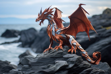 an origami dragon perched on a rocky cliff overlooking the sea, created with generative aiの素材