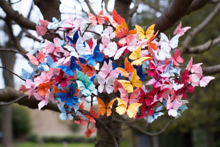 a rainbow of origami butterflies clinging to a blooming cherry tree, created with generative aiの素材
