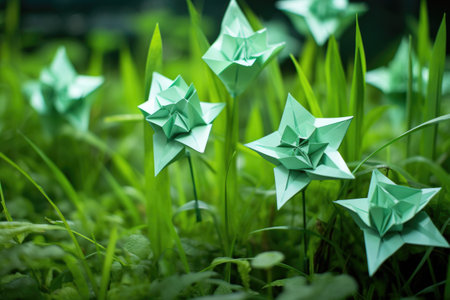 origami flowers blooming in a green, lush meadow, created with generative aiの素材