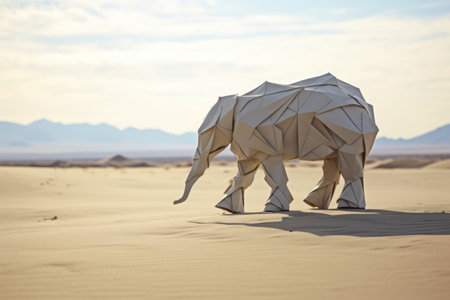 an origami elephant standing on a sandy desert landscape, created with generative aiの素材