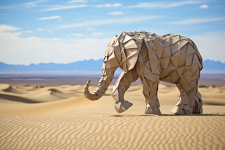 an origami elephant standing on a sandy desert landscape, created with generative aiの素材