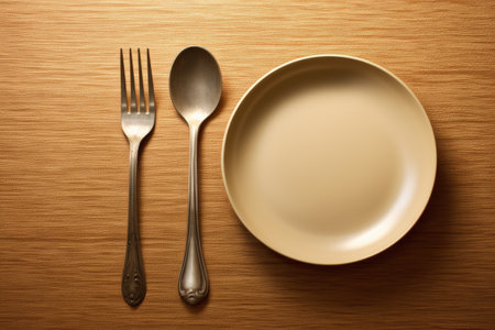 an oversized fork and spoon arranged next to a standard dinner plate, created with generative aiの素材