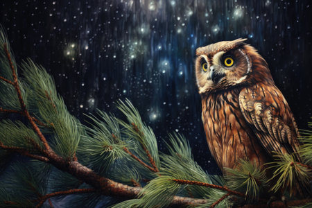 an owl camouflaged against the bark of a pine tree, under a starlit sky, created with generative aiの素材