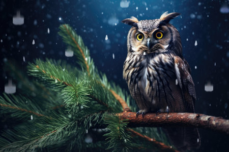 owl on a pine branch, snowflakes falling around it in the night, created with generative aiの素材