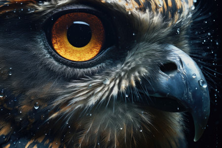 close-up of an owls face, glowing eyes reflecting the moonlight, created with generative aiの素材