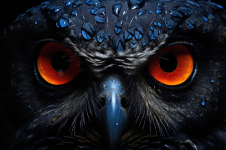 close-up of an owls face, glowing eyes reflecting the moonlight, created with generative aiの素材
