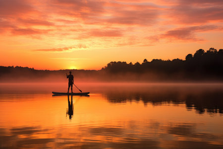 man with a paddleboard on a calm lake during a sunrise, created with generative aiの素材