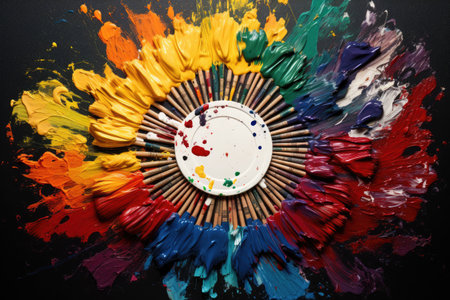 multiple paint brushes arranged in a circle, with different colored paints radiating outwards, created with generative aiの素材