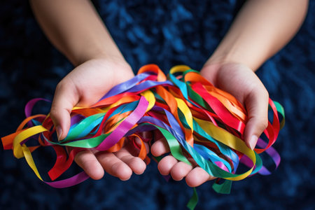 a childs hand holding a swirl of rainbow-colored paper streamers, created with generative aiの素材