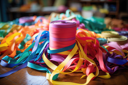 a pile of colorful paper streamers on a craft table, created with generative aiの素材