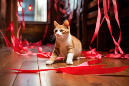 a cat playing with a red paper streamer on a wooden floor, created with generative aiの素材