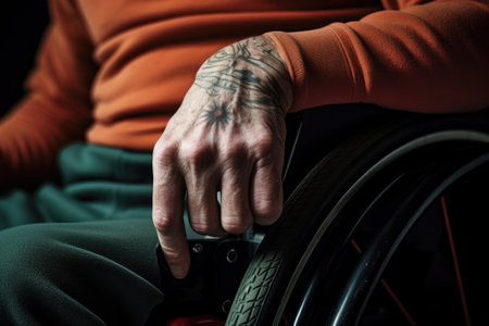 close-up of a wheelchair athlete, hands gripping the wheels, created with generative aiの素材