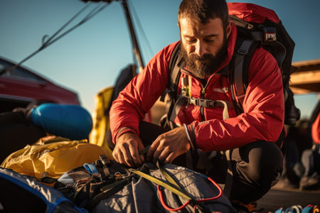 close-up of a paraglider preparing his gear before the flight, created with generative aiの素材
