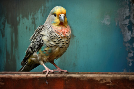 a small budgie sitting on a wooden sign with faded paint, created with generative aiの素材