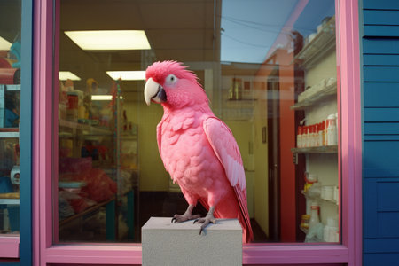 a bright pink parrot perched on a wooden open sign at a pet store entrance, created with generative aiの素材