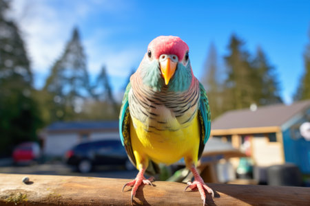 a bright colored parakeet sitting on a wooden sign at a campground, created with generative aiの素材