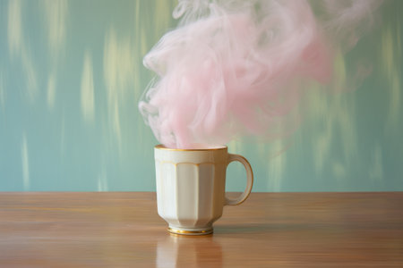 pastel smoke rising from a cup of hot beverage on a wooden table, created with generative aiの素材