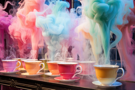 pastel smoke pouring from a set of colorful teacups, created with generative aiの素材