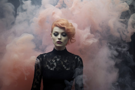 a woman in a black dress surrounded by pastel smoke, created with generative aiの素材