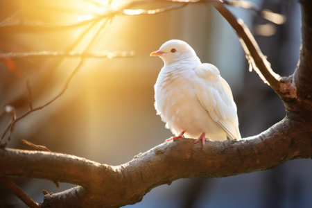 a white dove perched on a tree branch in bright sunlight, created with generative aiの素材
