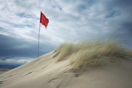 a red flag planted at the peak of a sand dune, created with generative aiの素材
