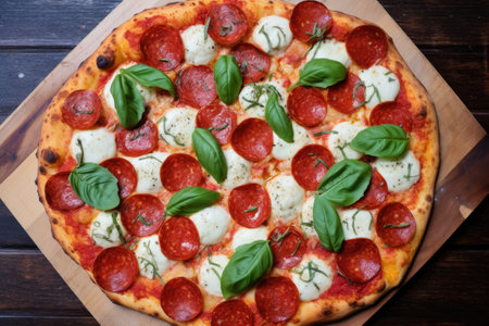an overhead shot of pepperoni pizza with basil leaves and mozzarella balls, created with generative aiの素材