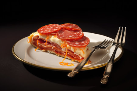 slice of pepperoni pizza on a white plate with a fork and knife, created with generative aiの素材