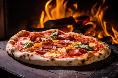 a pepperoni pizza being baked in a traditional wood-fired oven, created with generative aiの素材
